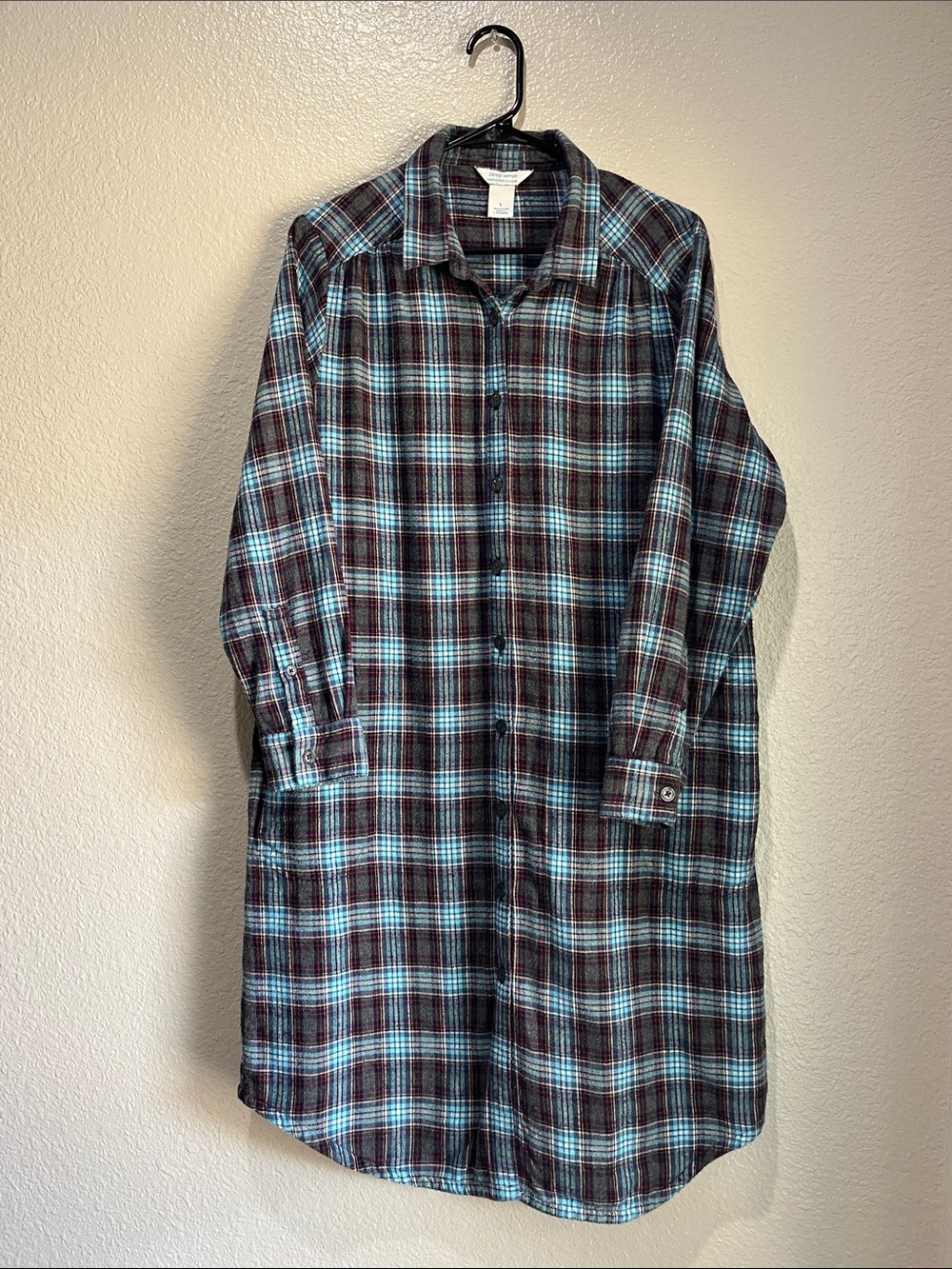 Sleep Sense Plaid Button-Up Shirt Dress - Aqua & Brown Sz L boho Cotton Comfy
